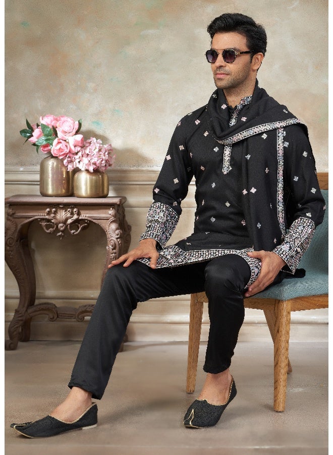 OUTLUK Black Embroidered Kurta with Pajama for Men - Image 3